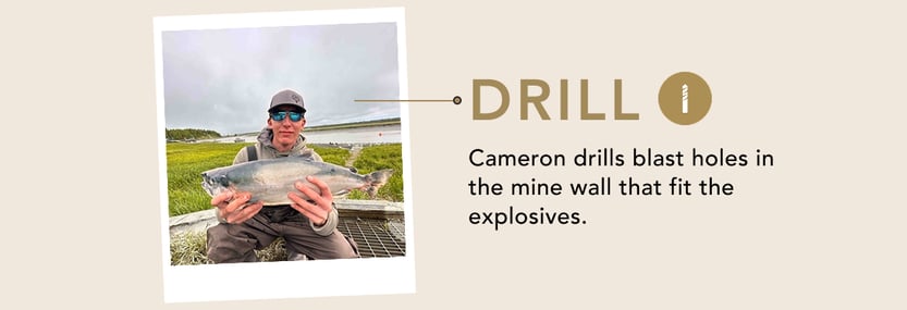 Drill. Cameron drills blast holes in the mine wall that fit the explosives.
