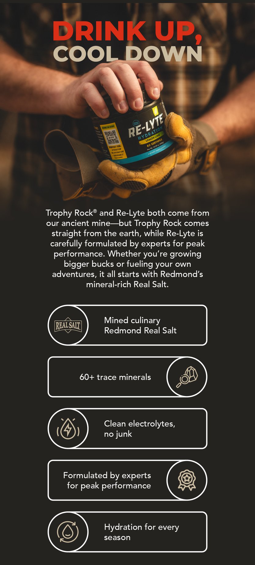 Trophy Rock and Re-Lyte both come from the same mine, but Trophy Rock comes straight from the earth while Re-Lyte is carefully formulated by experts for peak performance. Whether you're growing bigger bucks or fueling your own adventures, it all starts with Redmond's mineral-rich salt.