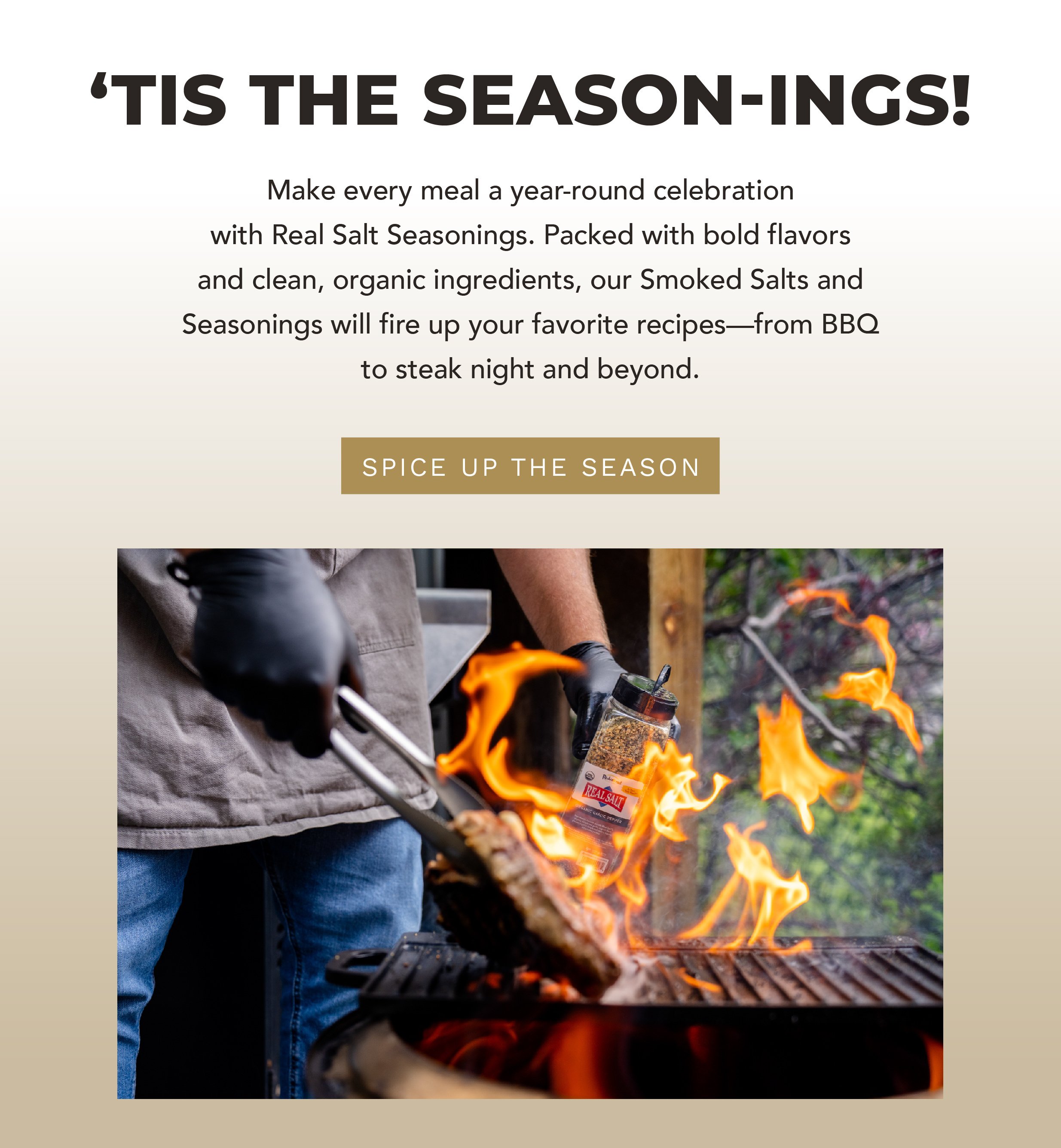 ‘Tis the Season-ings!  Body Copy: Make every meal a year-round celebration with Real Salt Seasonings. Packed with bold flavors and clean, organic ingredients, our Smoked Salts and Seasonings will fire up your favorite recipes—from BBQ to steak night and beyond.  CTA: SPICE UP THE SEASON