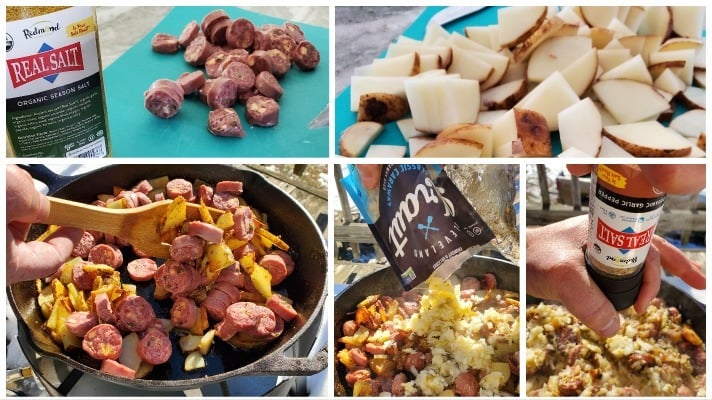 Smoked venison kielbasa and sauerkraut and potatoes.