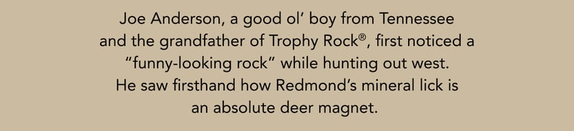 Joe Anderson, a good ol' boy from Tennessee and the grandfather of Trophy Rock first noticed a "funny-looking rock" while hunting out West. He saw firsthand how Redmond's mineral lick is an absolute deer magnet.